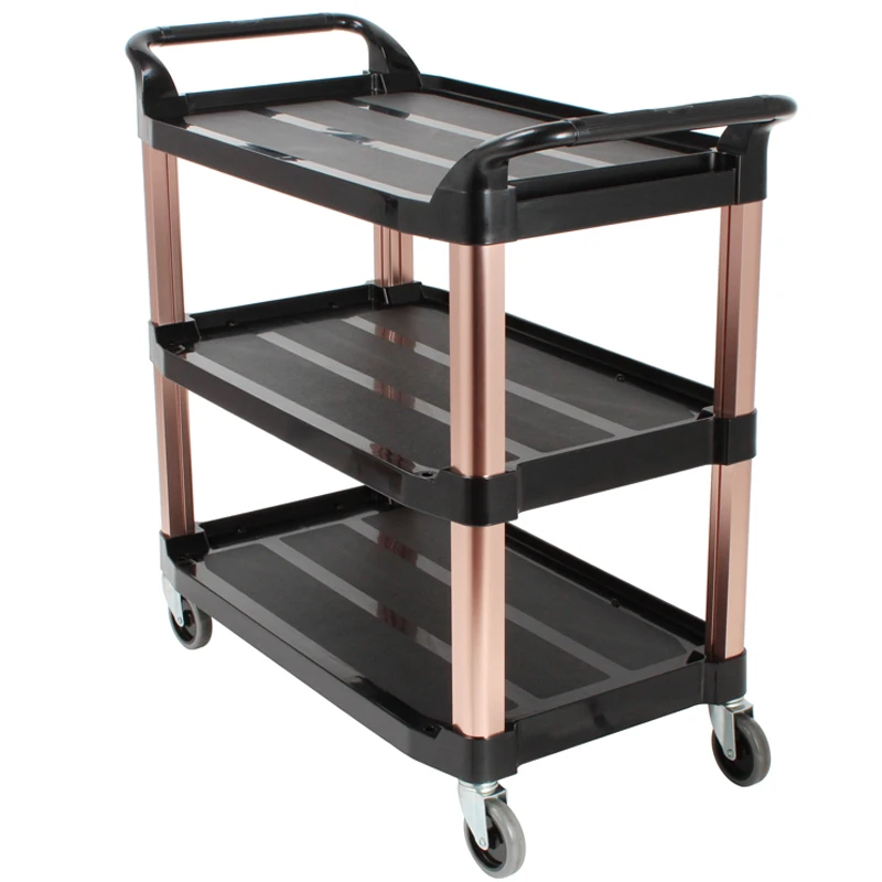 New style three-storey four-wheeled black plastic bowl collecting vehicle hotel serving cart with hand
