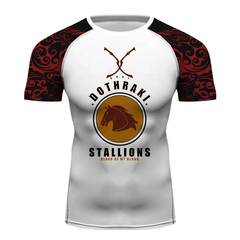 Men Quick Dry Short Sleeve Horse Printing T-Shirt Running Fitness Tee Shirts MMA BJJ Tennis Jiu Jitsu Gym Tops Rash Guards
