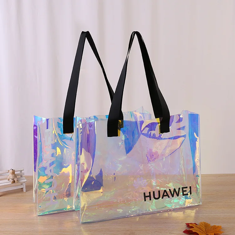 Custom Logo Promotional Rainbow Clear Plastic Women Beach Bags bolsa de compras Transparent Holographic PVC Tote Shopping Bag