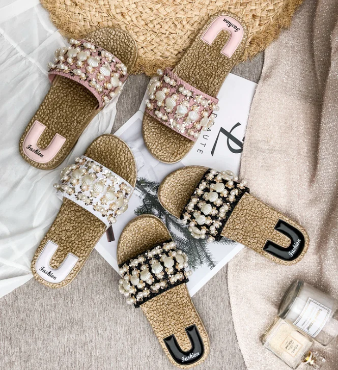 Newest China supplier fashion summer wholesale casual fancy pearl design women sandals ladies slippers