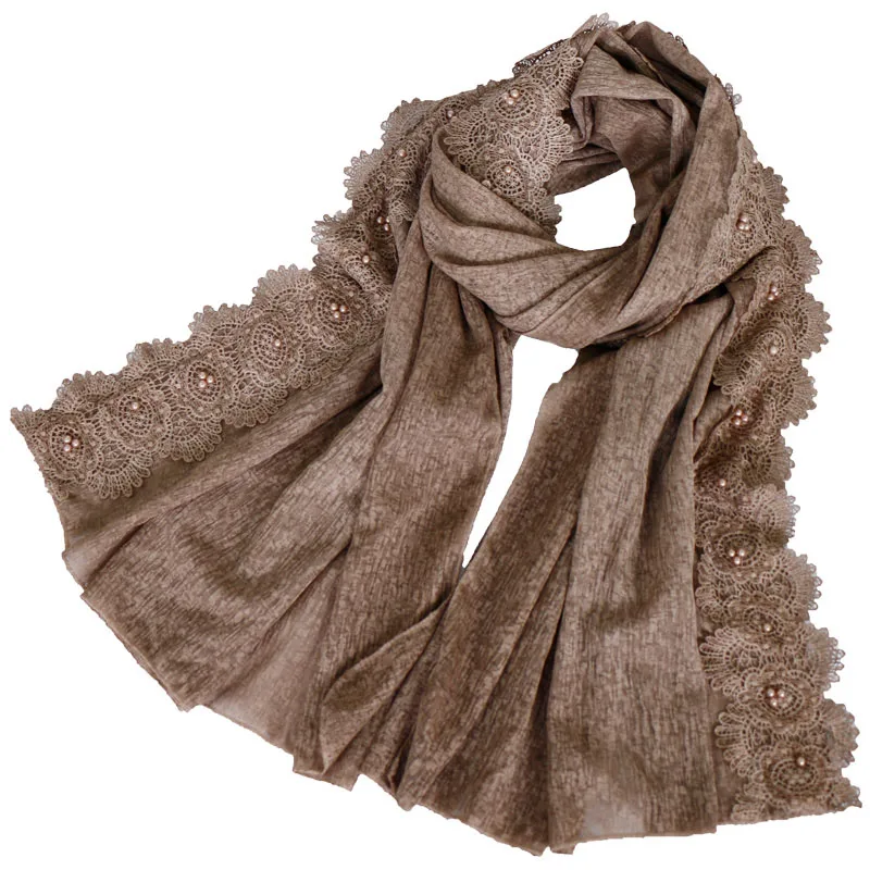 new style Muslim cotton scarf beautiful pearl lace jersey head hijab scarf for ladies and women 0419026