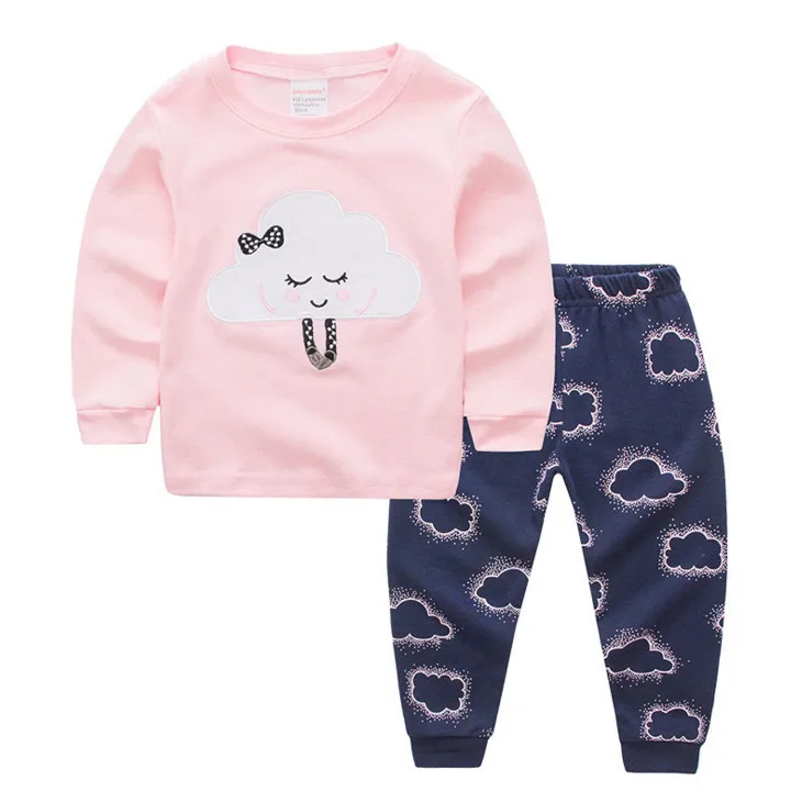 children wear 2pcs set Lovely pink tops and dark blue pants print cloud pattern Baby soft fabric sleepwear