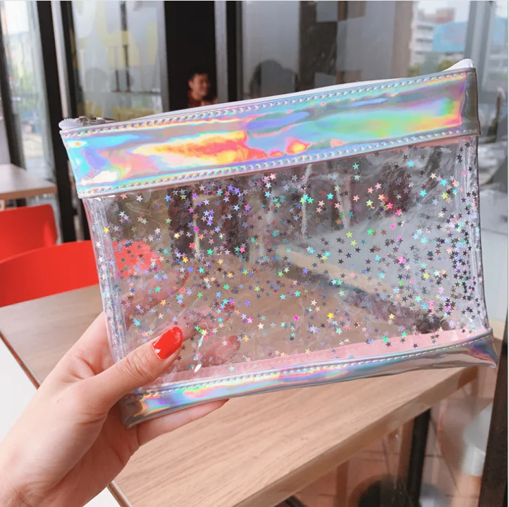 Girls Fashion Waterproof Makeup Bag Paillette Glitter Move Stars Clutch with Zipper Closure Transparent PVC Plastic Logo Pattern