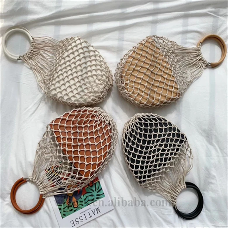 NG078 Fashion Summer New Net Small Beach Square Bag Hemp Rope Woven Vintage Macrame Crochet Handbag Tote Bag
