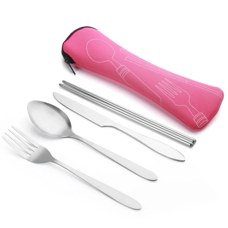 outdoor camping portable reusable cutlery set 4 pieces including knife fork spoon chopsticks flatware set