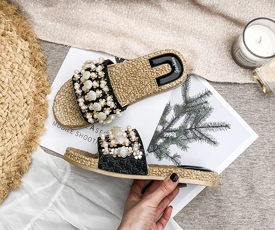 Newest China supplier fashion summer wholesale casual fancy pearl design women sandals ladies slippers