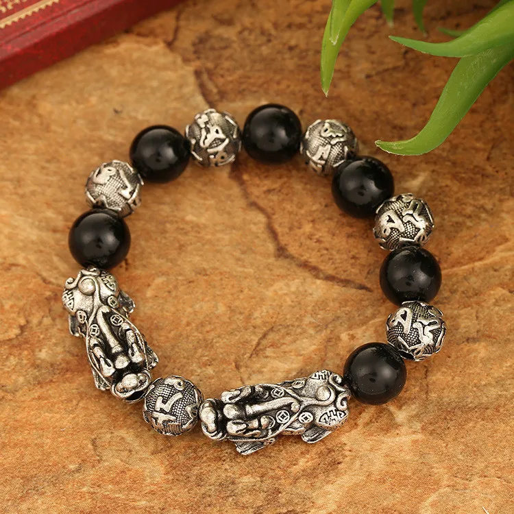 Wholesale High Quality Antique Silver Feng Shui Lucky Pixiu Bracelet Obsidian Beads Cuff Bracelet for Men Women