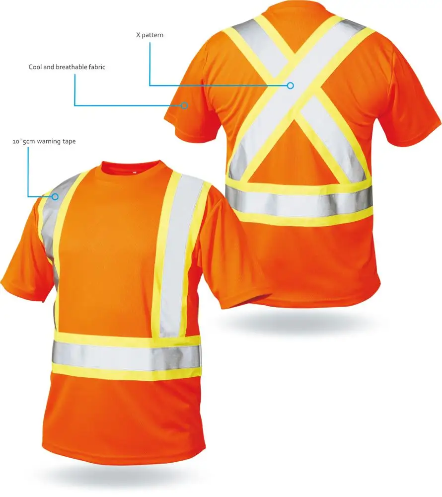 100% Cotton/Polyester Hi vis Orange  Reflective Safety Shirt with Knitted Reflective tape