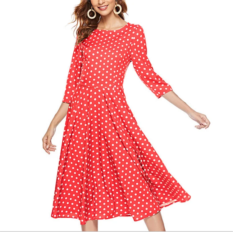 Vintage Polka Dot Three-point Sleeve Dress Hepburn Style Elegant A-line Dress In Stock