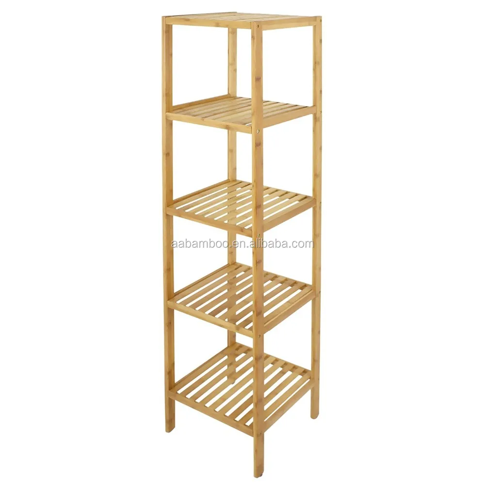 100% Bamboo Multi-functional 5 Tier Bathroom Shelf organizer Rack Plant Flower Free Standing Towel Rack