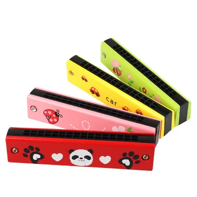 
High quality wooden colorful 16 holes mini harmonica wholesale cartoon style harmonica for children 
