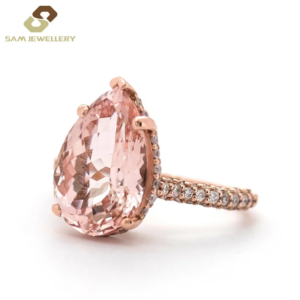 Bijoux Sterling 925 Silver Rose Gold Plate Prong Setting Pear Shape Synthetic Morganite Stone Bridal Ring Jewelry