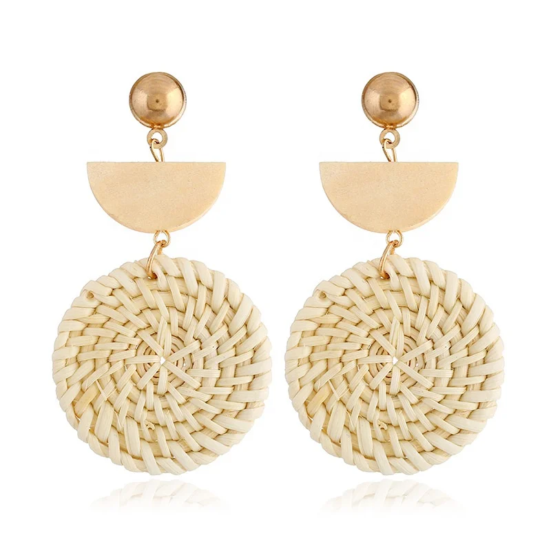 High Quality Handmade Rattan Wicker Woven Wooden Geometric Earrings Women