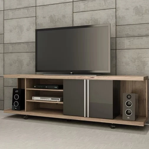 solid wood veneer wall mounted tv lcd wooden cabinet designs with wheels and LED light