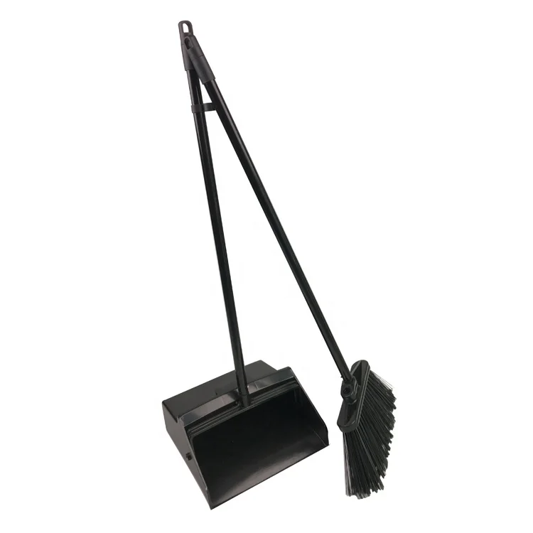 ESD ECO Plastic Black Folding Wind Proof Dustpan With Metal Stick and Broom Set For Cleaning