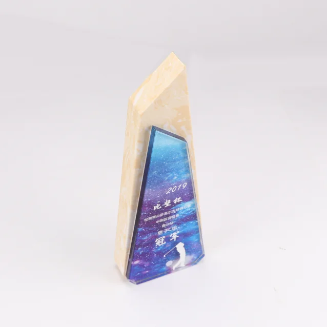 
2019 new design crystal and marble award color printing glass trophy 
