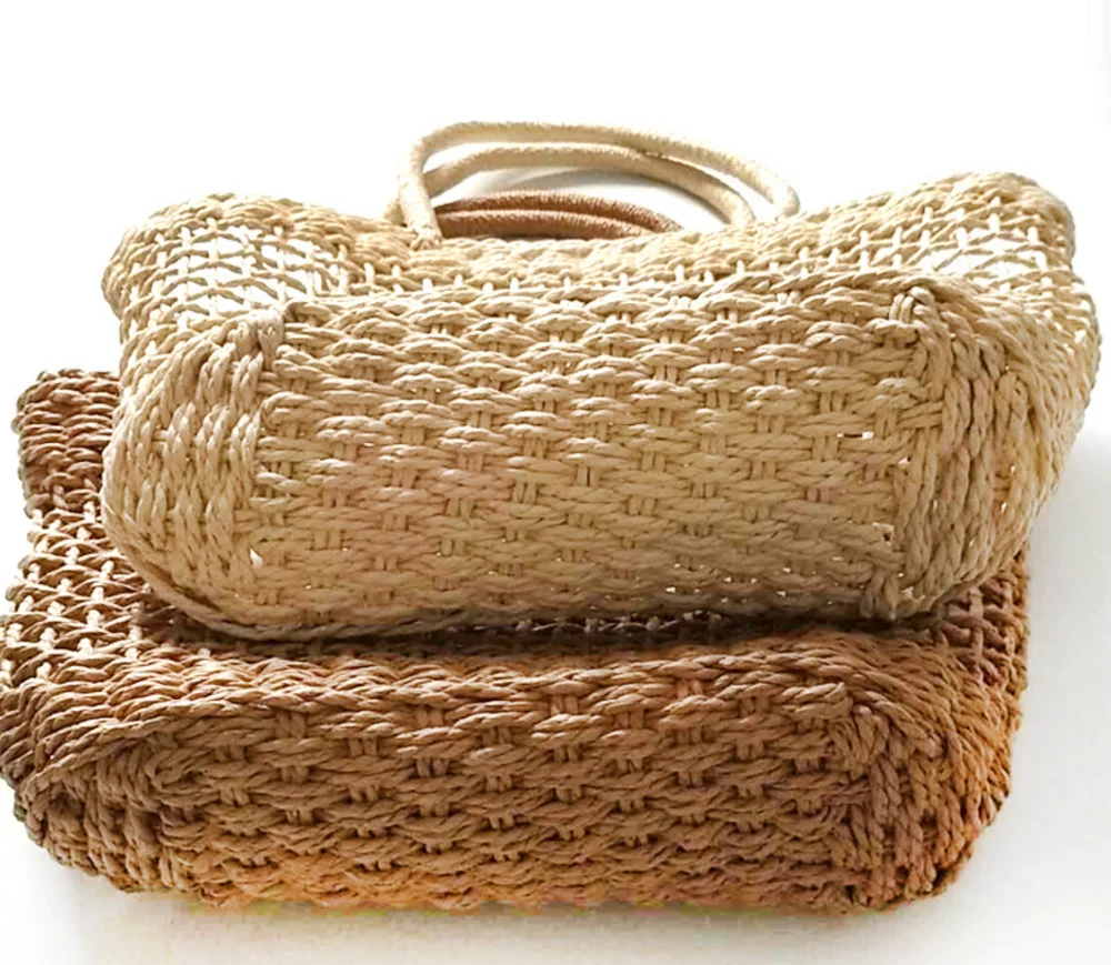 2023 factory hot sale European raffia beach tote bag, seaside beach mesh bag straw basket custom
