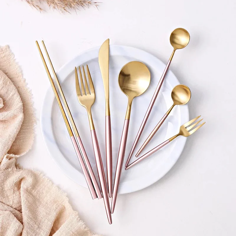 Portugal Pink Gold Flatware Knife Spoon Fork Chopsticks 304 Stainless Steel Wedding Dining Cutlery Set