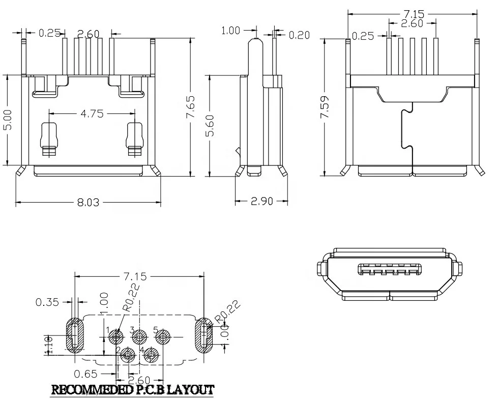
Female 5P micro USB connector pin length 2.0mm 180 degree solder type 