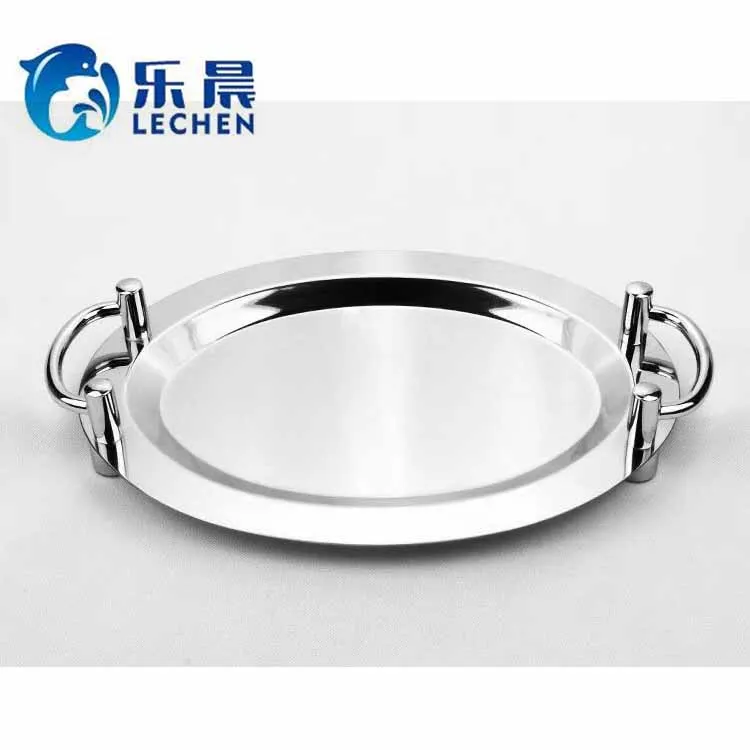 Stainless Steel Plate Tray Oval Mirror Tray Charger Rolling Serving Plate Fruit Plate Simple Baking Steak Tray with handle 16-22