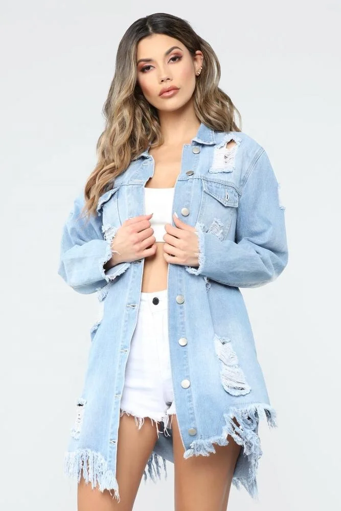 KY Buttons For Clothing Denim Jacket Women Wash Distressed Long Sleeve Dresses Knee Length