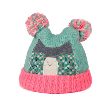 KR167 Fashion knitted green patchwork embroidered kid knit cap