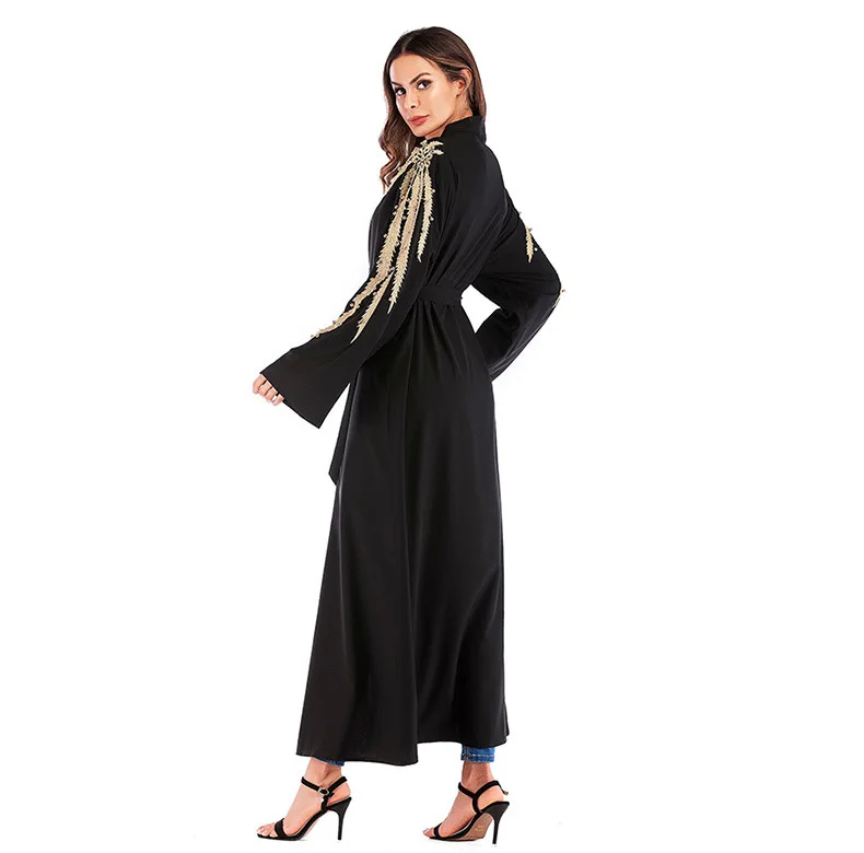 Quality in Stock Arabic Islamic Clothing Embroidery Big Free Size Front Closed Black Abaya