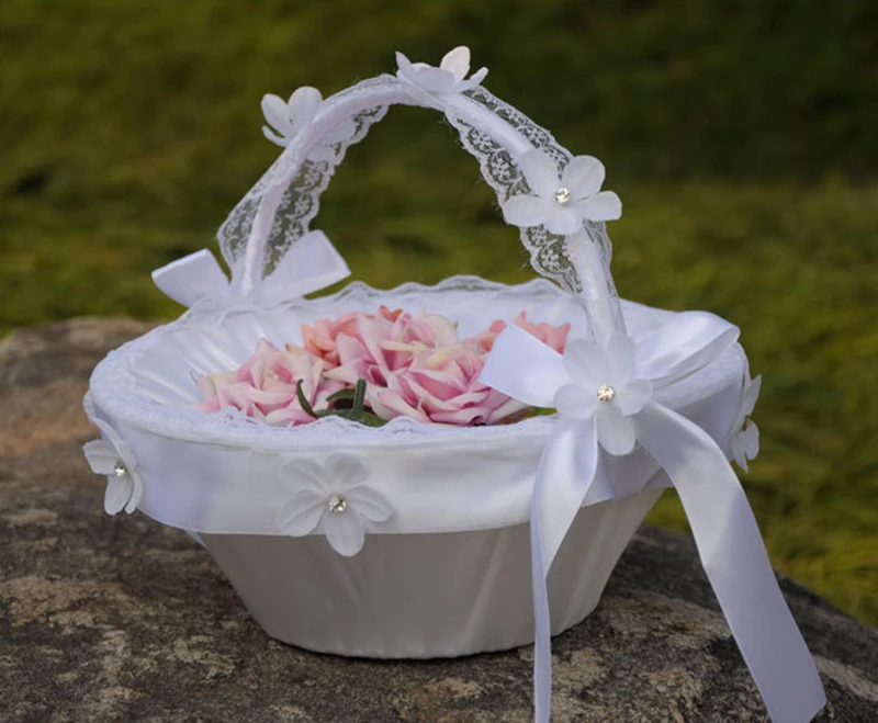 Wedding flower basket Large Satin white Basket Elegant Flower Girl Ivory Basket