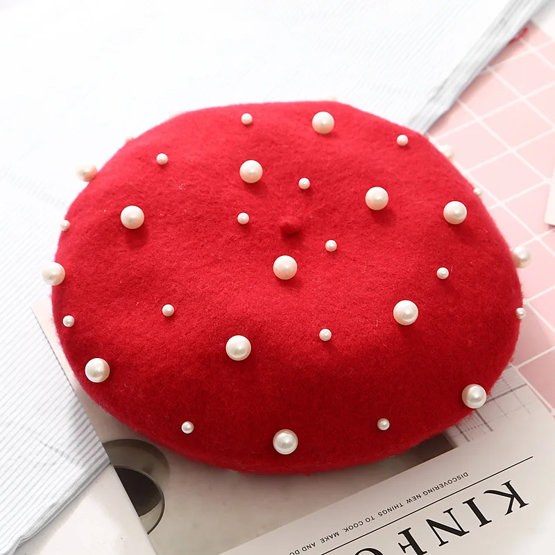 ladies winter wool felt beret cap with pearl