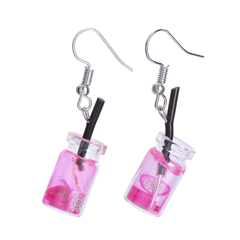 Fashion Candy Color  Lovely Fruit Milk Tea Drink Charm Bottle Resin Drop Earrings Yellow Lemon Cup Dangle Earring For Girls