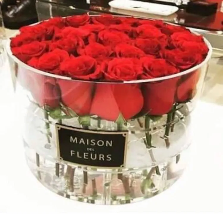 Customized transparent acrylic box print logo round  acrylic flower box with lid