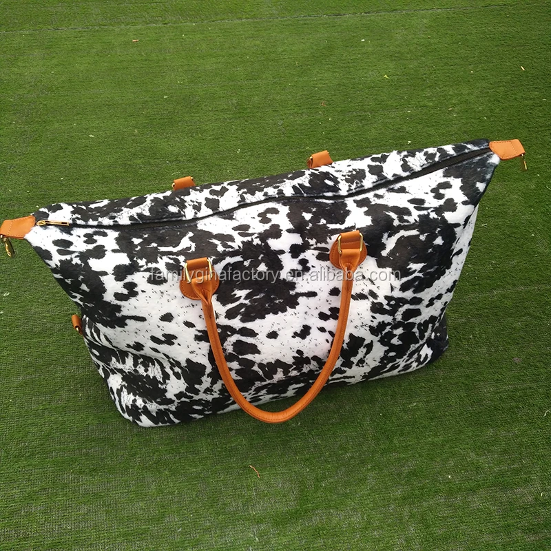 
Hot Sale Monogrammed Faux Fur Black Cowhide Cow Print Travel Weekender Bag 