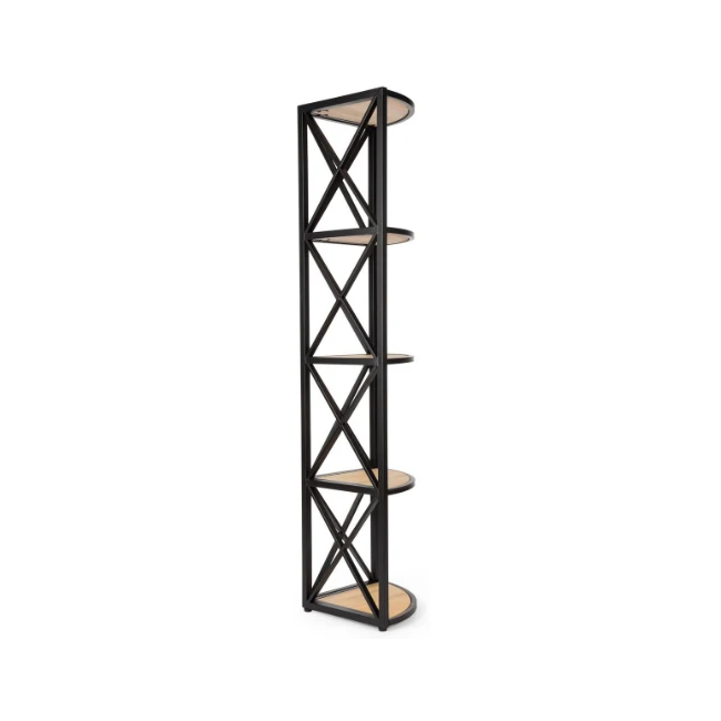 Steel Frame X-Sided Corner Shelving Unit 5 Solid Wood Tiers Dark Brown Conner Storage Wood Shelf Online Shopping Store Fitting
