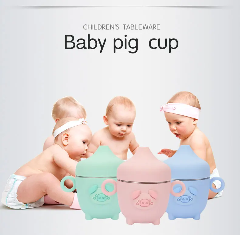 Children tableware cartoon mouth cup baby pig silicone 304 stainless steel Korean water cup with handle lid