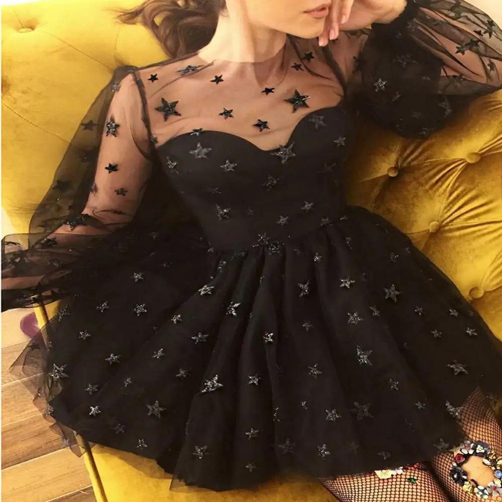 Women Sequined Star Fairy Perspective Black Mesh Lace Prom Long Sleeve Short Party Dress