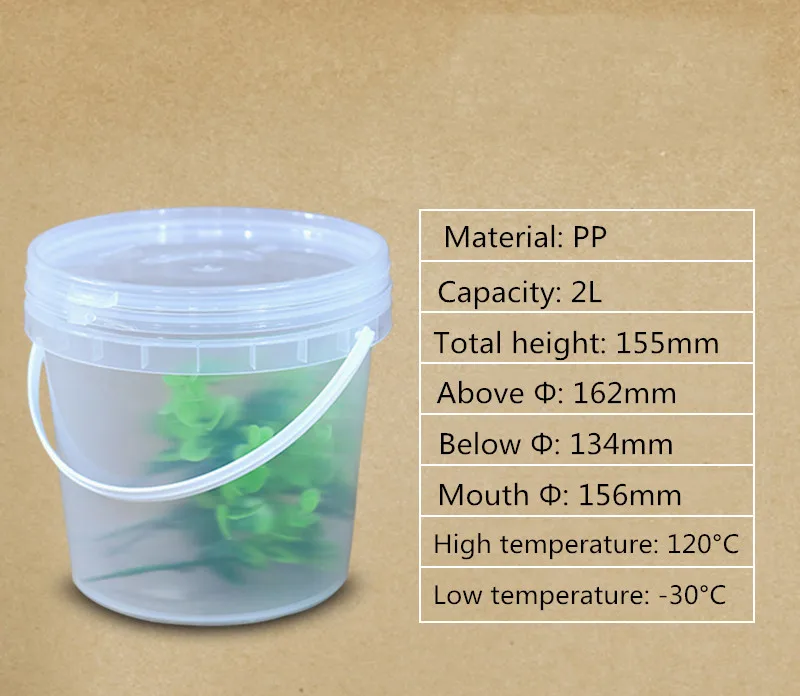 
2L cc Unbreakable PP transparent Plastic Round Bucket container manufacturer clear Pail With Lid food grade Customrized Logo 