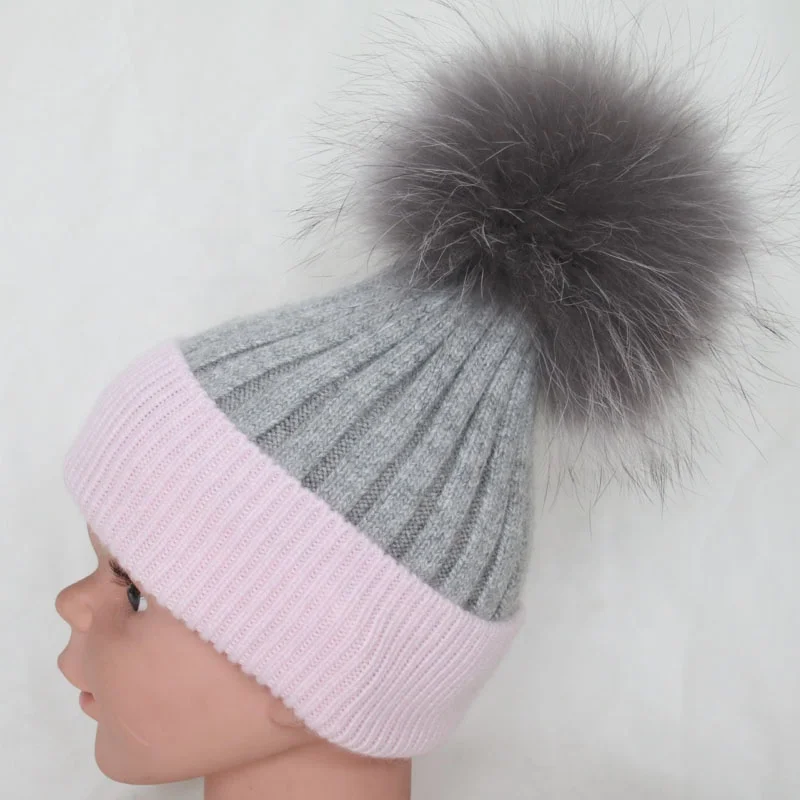 Baby soft winter fur bobble hats removable raccoon fur ball angora hats bi color children knitted hats