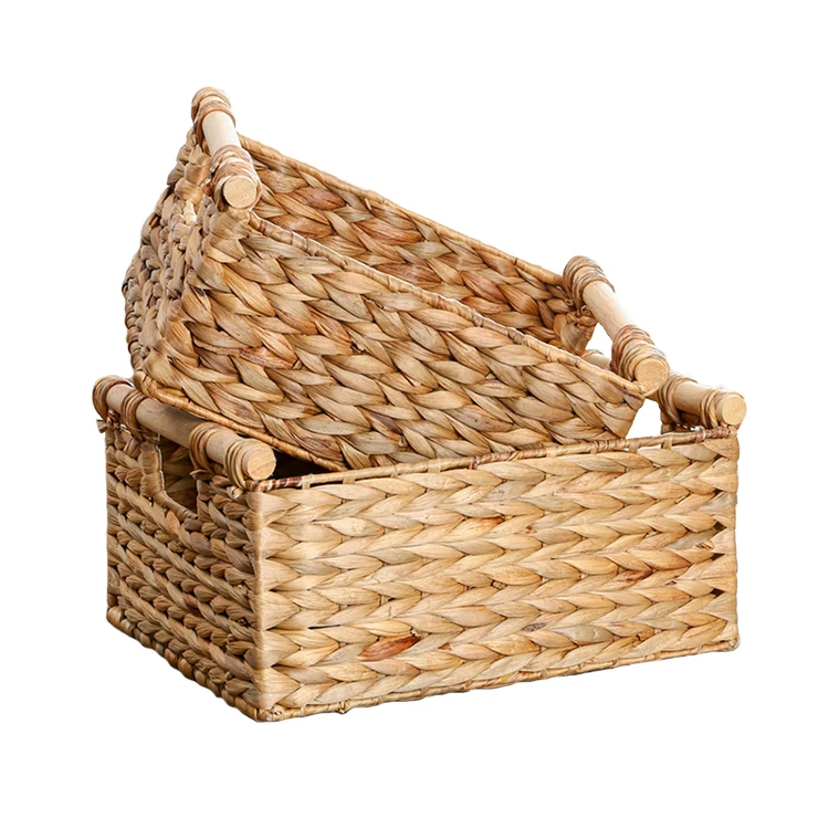 Hot selling  water hyacinth storage basket  bin basket with Wooden handles