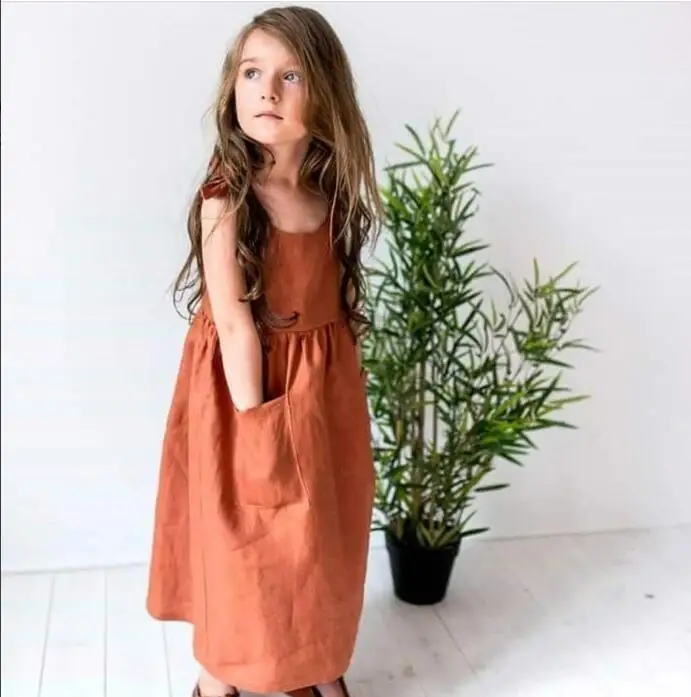 
Korean style long design girls dresses Linen Cotton Boutique flounces sleeve girls casual dresses 