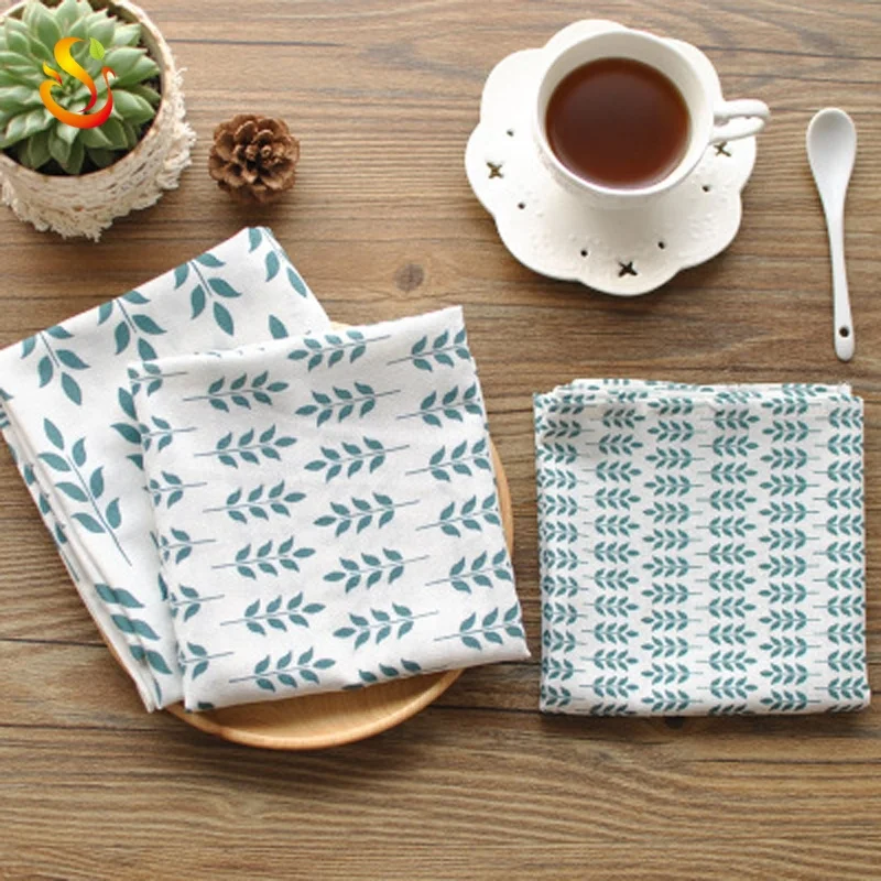 
Forest style fresh cotton and linen leaves napkins fabric cocktail napkin green cover towel tea towel dish towel 