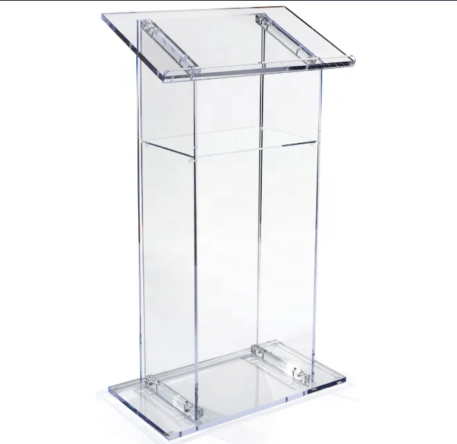 Easy Assembly Acrylic Podium for Floor with Open Back and Shelf Clear Acrylic Platform