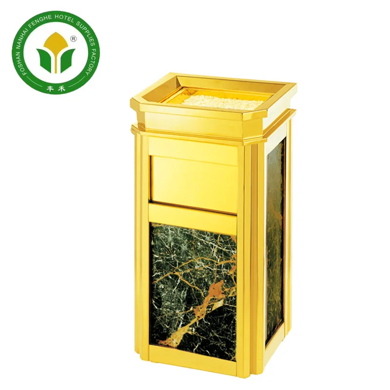 Hotel golden metal base marble waste bin trash can bin