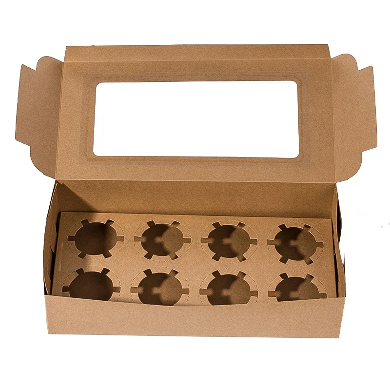Kraft Paper 3 cavity Cupcake Boxes With clear window