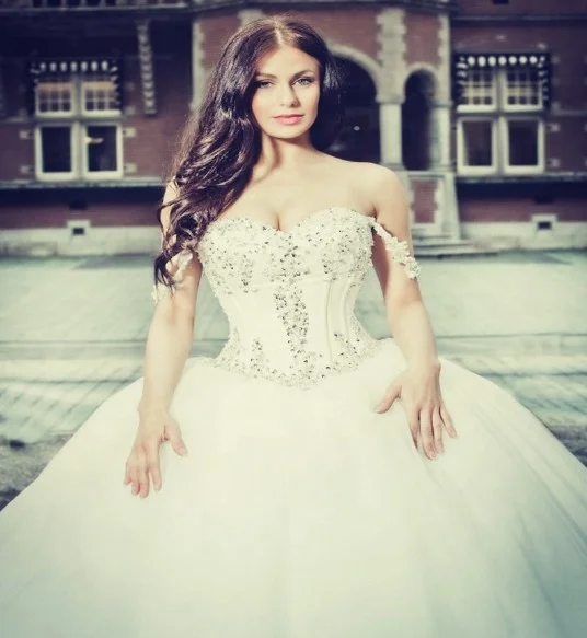 Slim Girls Luxury White Crystal Ball Gown Wedding Dress Bridal Gown