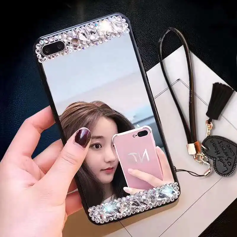 
Mirror Case for Women Girls Make up, Glitter Diamond Ultra-Thin Mirror TPU Back Protect Case For Iphone 8 Case 