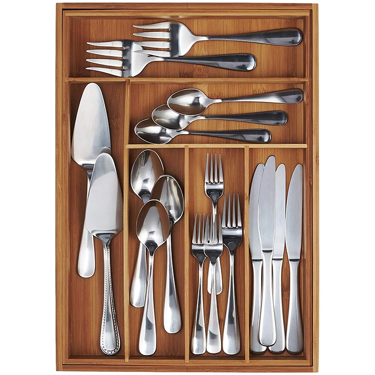 With 6 Compartments Expands To 8 Bamboo Expandable Drawer Organizer