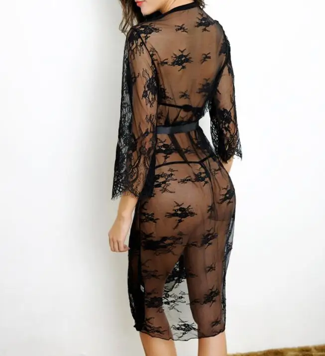 Hot selling sexy eyelash lace night robes with bra and panty hot lingerie for women