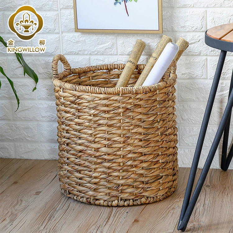 Handmade round water hyacinth grass laundry storage basket indoor planter basket with handle for home decor