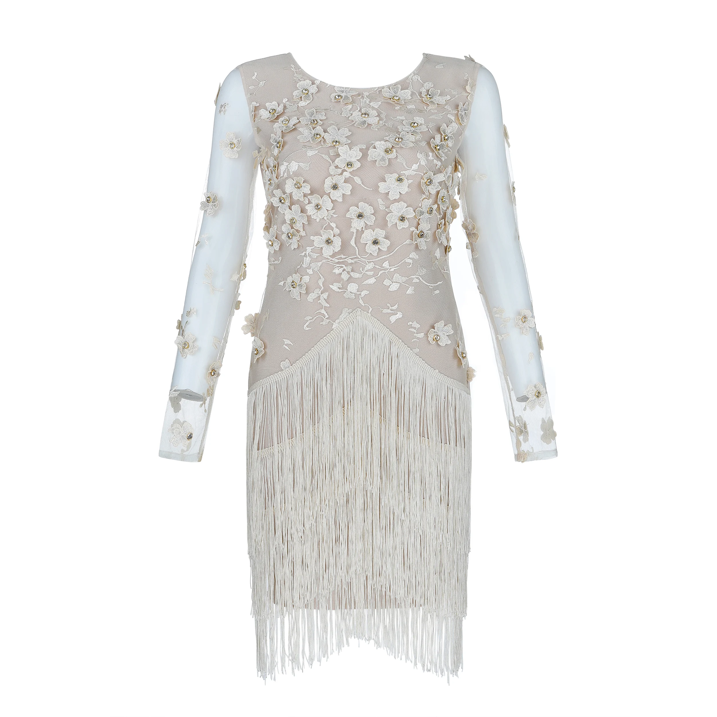 Nude Long Sleeve Lace Embroidery Floral Crystal Tassel Sexy Bodycon Dress 2019