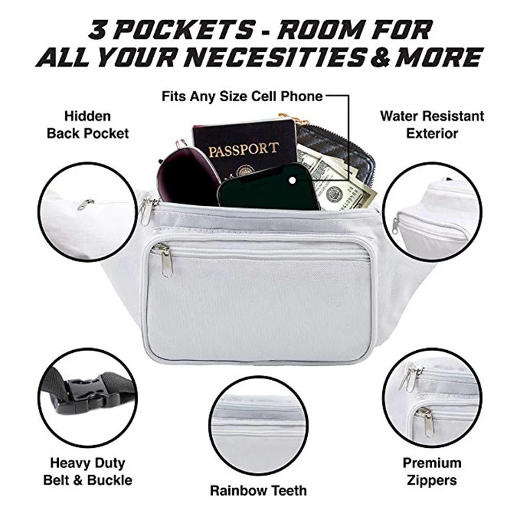 Private Label Fashion Waterproof Zipper Sport Fanny Pack White Waist Bag
